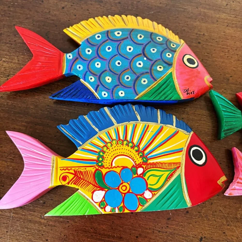 Hand Painted Tropical Fish Wood Carving Colorful Folk Art Wooden Figurine Mexico